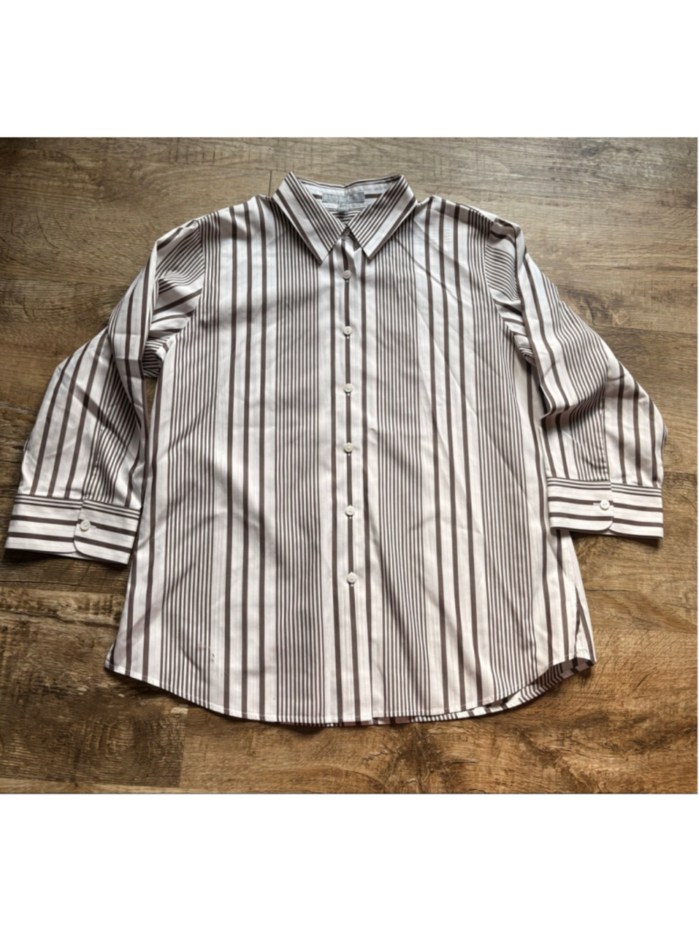 Non-Iron Shaped Fit Women’s Size 12 Brown White Striped 100% Cotton Button Down